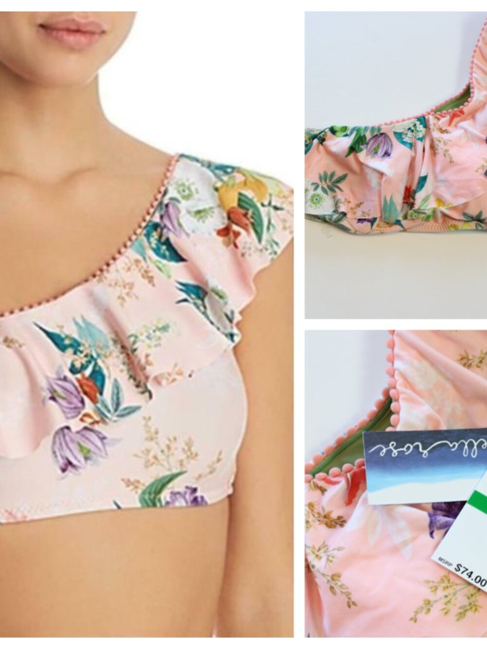 Isabella Rose One Shoulder Swim Bikini Top Blossoms Floral Pink Large NWT